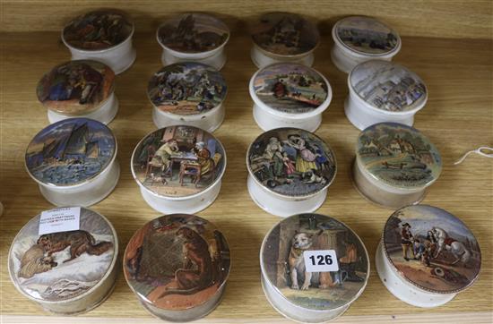 Sixteen Prattware pot lids with bases